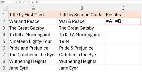 excel compare strings