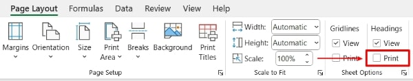 excel remove row numbers when printing