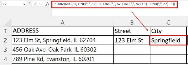 excel how to split address into multiple cells