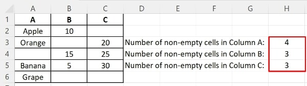 count number of filled cells in excel