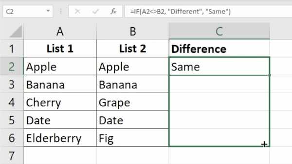 compare 2 columns in excel for differences