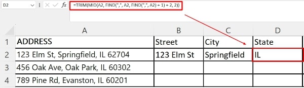 how to split address in excel using formula