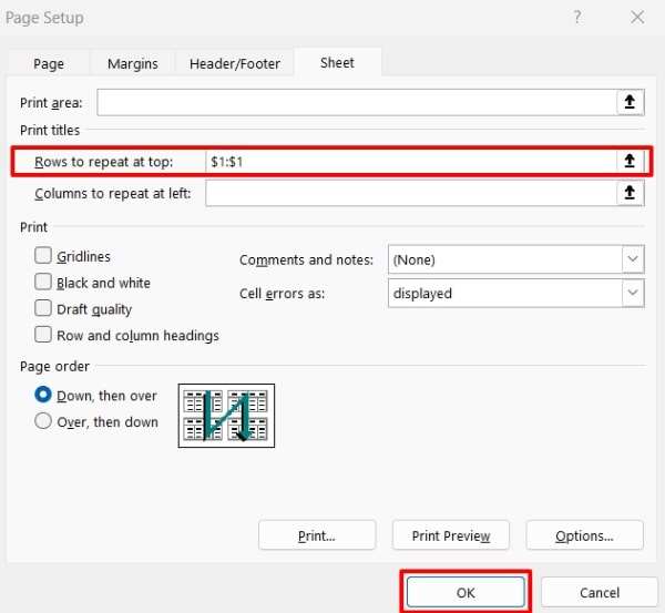 excel print rows to repeat at top