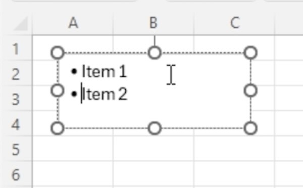 bullets in excel text box