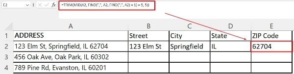 split address in excel formula