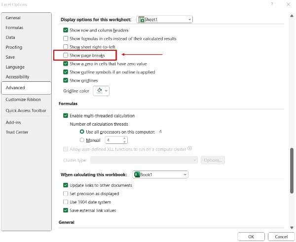 remove print preview lines excel