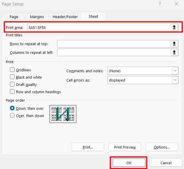 print selected area in excel