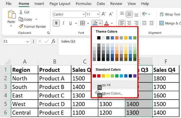 excel fill color shortcut