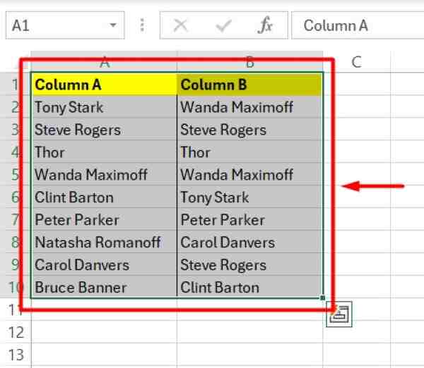 compare two columns in excel and highlight matches