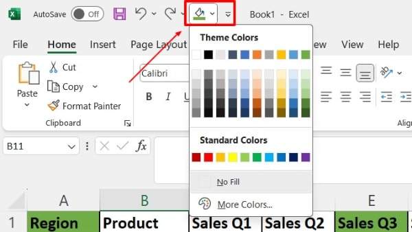 shortcut key for fill color in excel