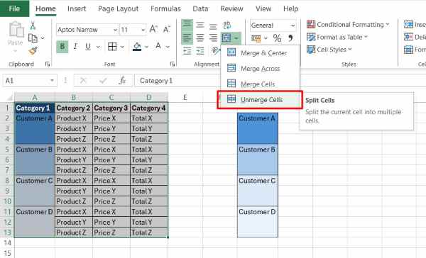 how to filter in excel with merged cells