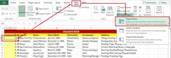 freeze column headers in excel