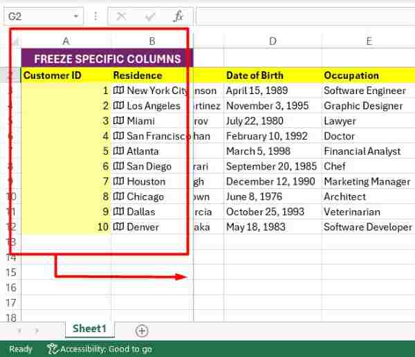 excel freeze specific columns