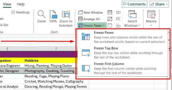 freeze selected rows in excel