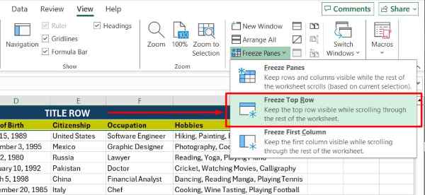 freeze titles in excel