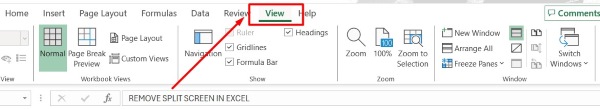 remove split screen in excel