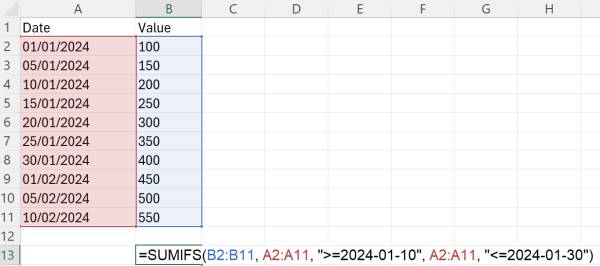 excel sumif between dates