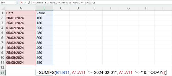 excel sumifs between two dates