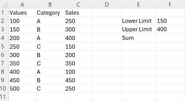 excel sumifs between two numbers