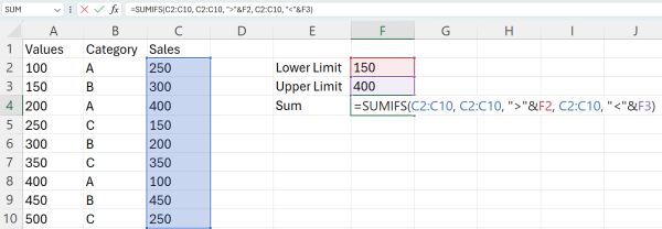 excel sum if between two numbers