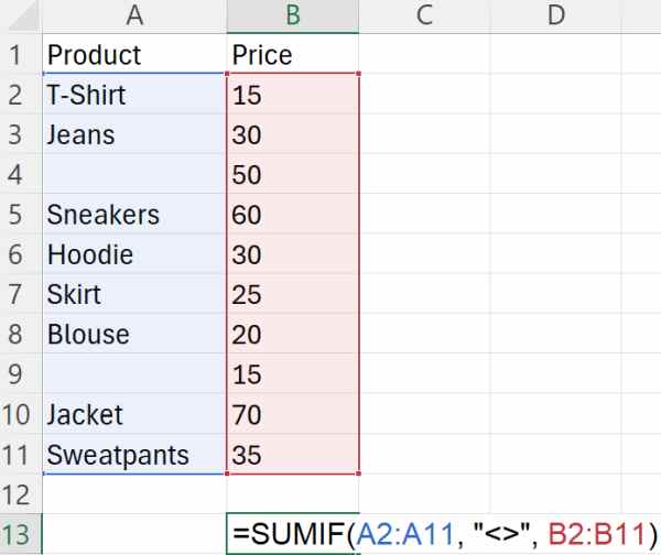 sumif not blank excel