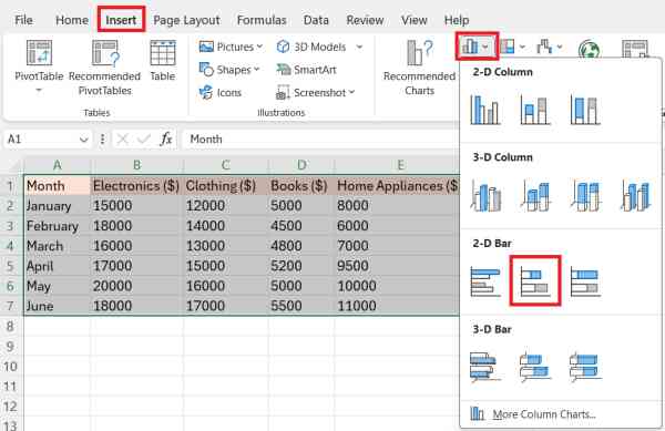 stacked bar chart multiple series excel