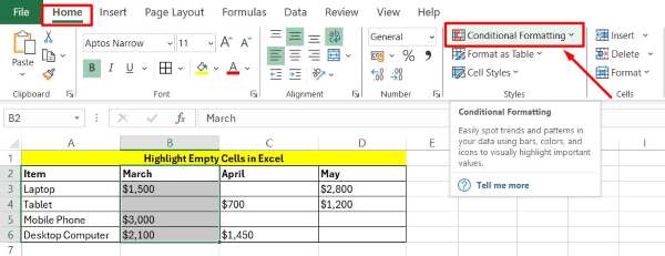 excel highlight empty cells