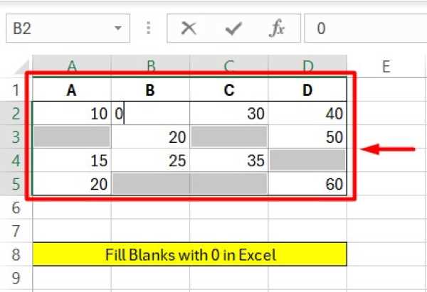 excel fill empty cells with 0