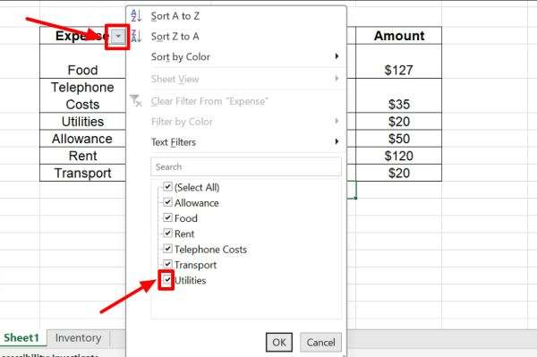 excel filter list