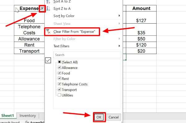 excel filter from list