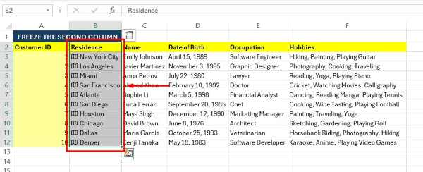 how to freeze second column in excel