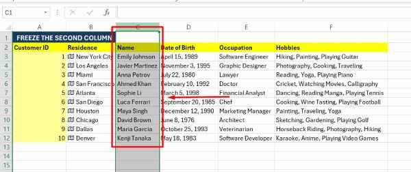 freeze second column in excel