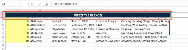 can you freeze a tab in excel