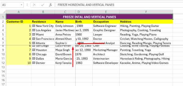 excel freeze panes vertical and horizontal