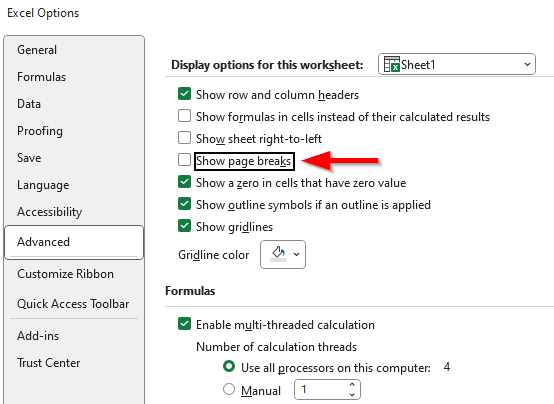 excel how to remove page break lines