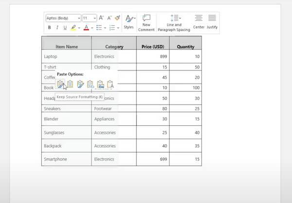 import excel table into word