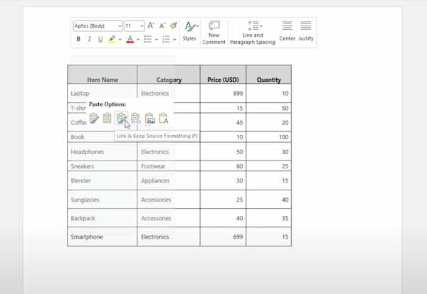 import an excel table into word