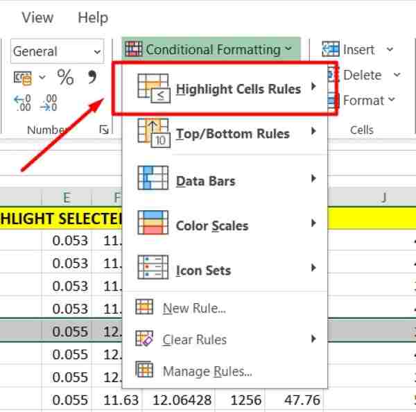 excel highlight selected cell