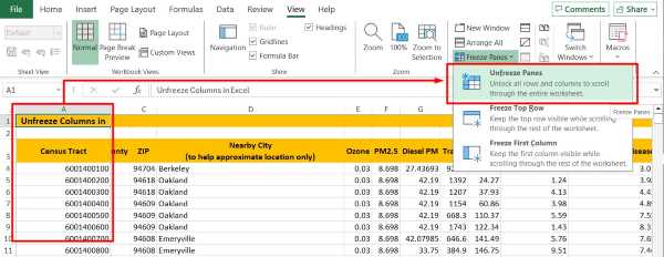 how to remove freeze panes in excel