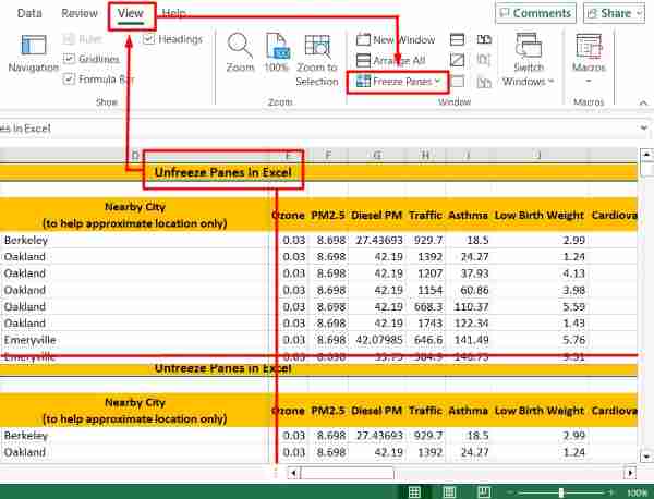 unfreeze cells in excel