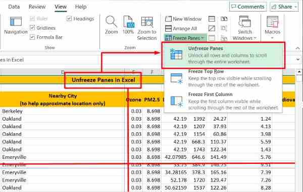 excel unfreeze panes