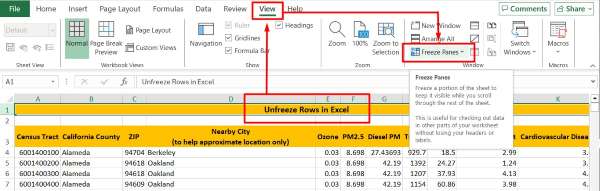 how to unfreeze rows in excel