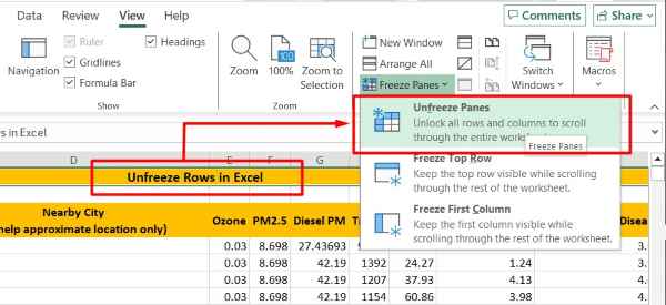 how to unfreeze cells in excel