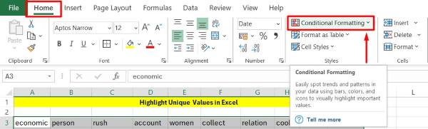 highlight unique values in excel