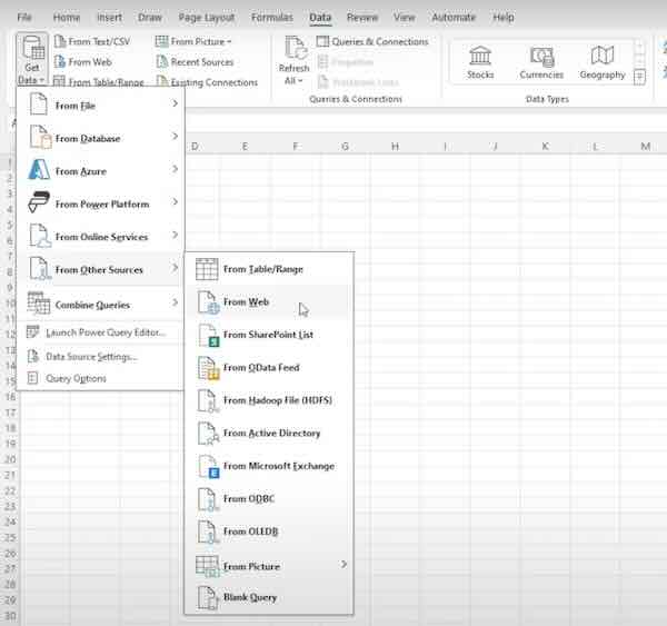 import data from website to excel