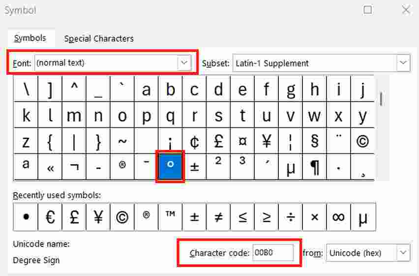 degree symbol excel
