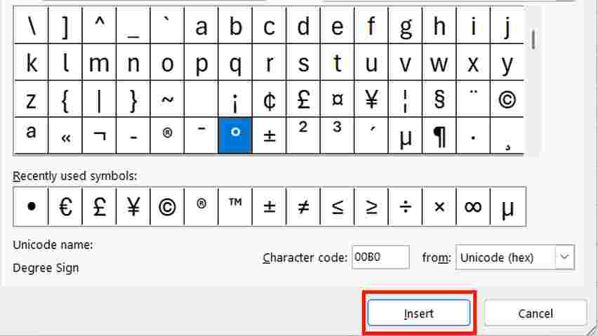 how to get degree symbol in excel
