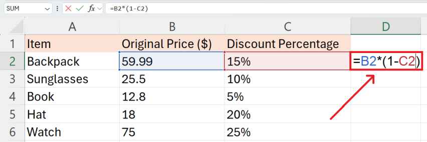 excel subtract percentage