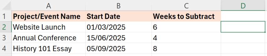 subtract weeks from date excel