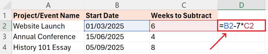 subtract weeks excel from date 